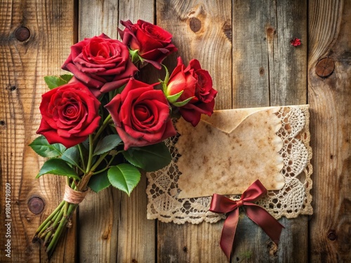 Romantic vintage scene featuring distressed wooden backdrop adorned with vibrant red roses, intricate lace, and an ornate antique card with elegant scripted lettering. photo