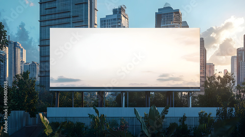 White large horizontal billboard mock up on fence wall with urban modern city background