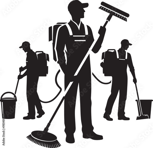 House cleaning person silhouette vector illustration isolated on a white background