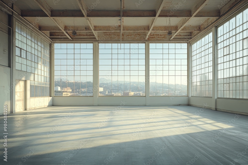 A large, empty room with a view of the city A large, empty room with a view of the city