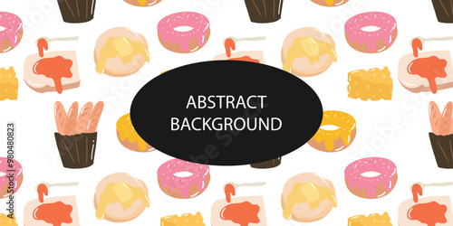 bakery and junk food pattern background design.  Cute sweet food baby background. Colorful design for textile, wallpaper, fabric, decor. Template for design. Vector illustration