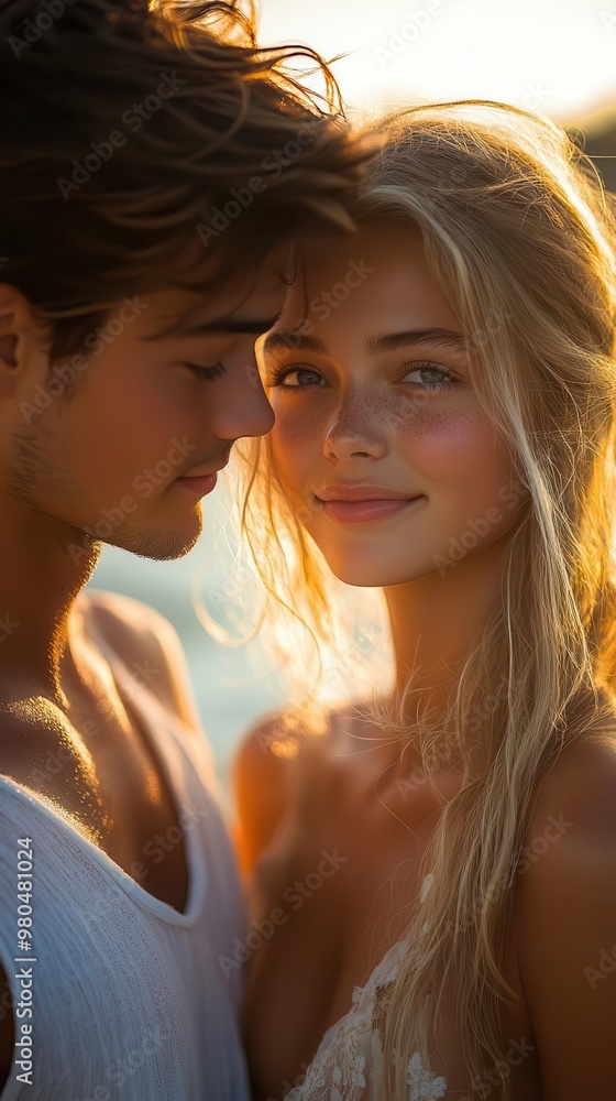 sunkissed couple on beach young lovers sharing joyful moment golden light illuminating their smiles against blurred tropical backdrop sunkissed couple on beach young lovers sharing joyful moment golden light illuminating their smiles against blurred tropical backdrop