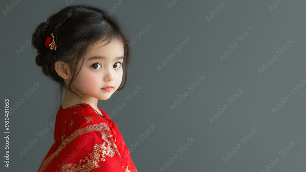 Chinese little girl wearing saree indian traditional cloth smile isolated Chinese little girl wearing saree indian traditional cloth smile isolated