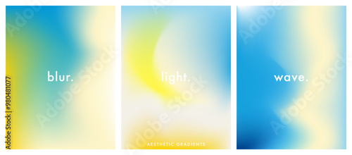 Abstract sky, nice sunny day posters set. Ocean. Sea wave. Seaside, beach. Pastel colored vertical vector banner. Blurred sea gradient background. Simple soft light backdrop for social media post