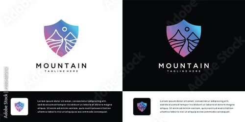 Mountain logo icon design illustration with shield. Abstract outdoor mountain logo symbol.	
