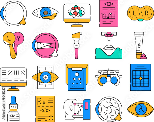 Ophthalmology Eye Disease Treat Icons Set Vector. Amsler Table And Retinoscope, Lasser Correction And Trial Frame Medicine Ophthalmology Hospital Equipment Contour Illustrations