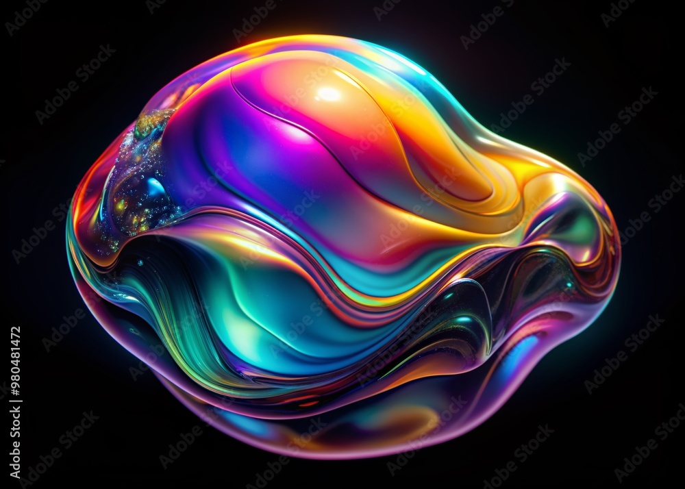 Obraz premium Vibrant iridescent liquid blob with wavy, melted edges isolated on black, shimmering with bold, futuristic holographic colors and mesmerizing optical illusions.