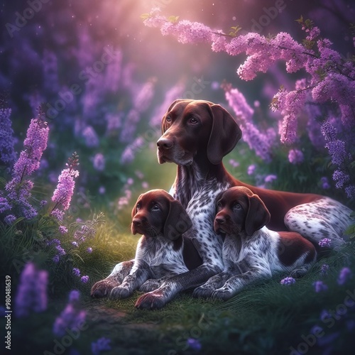 Mother dog with her two puppies in a blossoming field, surrounded by flowers under soft sunlight in spring photo