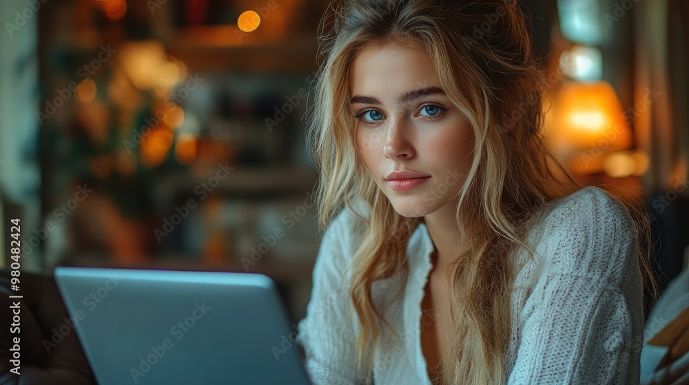 Young Woman Working on Laptop in Cafe Young Woman Working on Laptop in Cafe