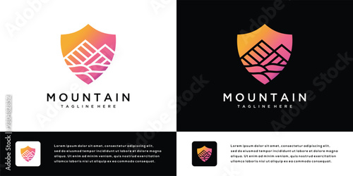 Mountain logo icon design illustration with shield. Abstract outdoor mountain logo symbol.	
