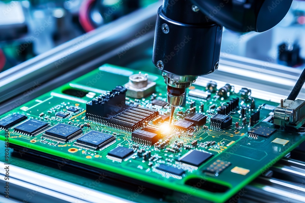 A Robotic Arm Carefully Places Electronic Components On A Circuit Board. The Process Is Fast And Accurate