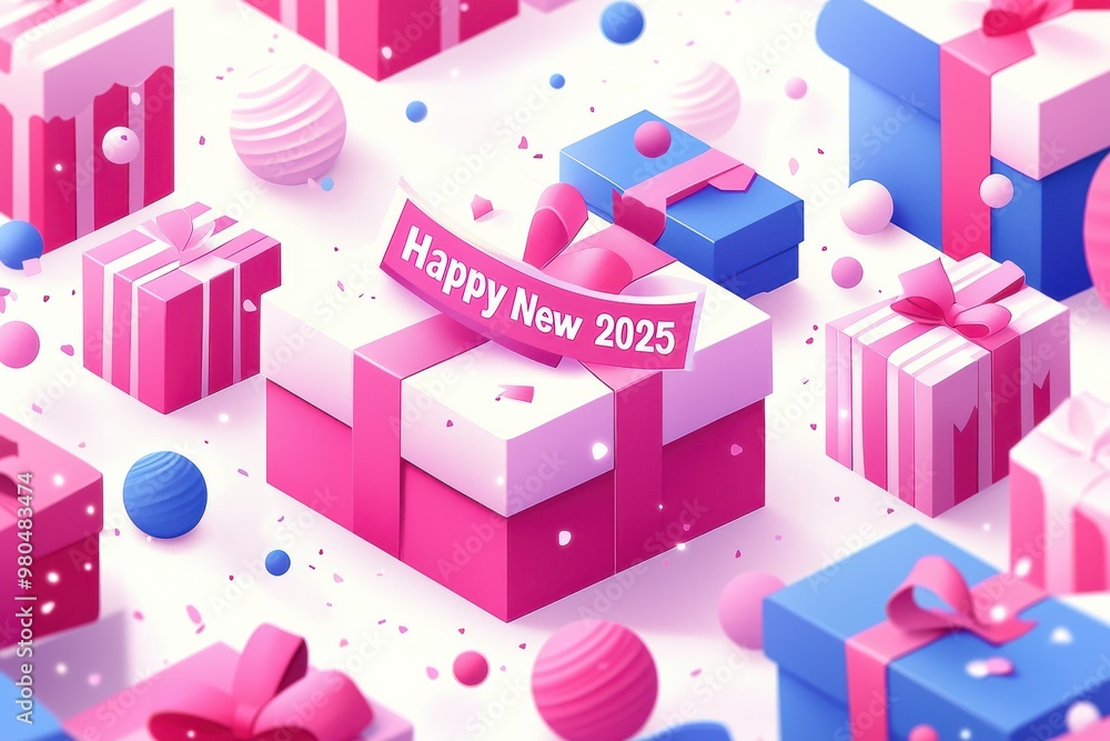 Happy New 2025, Vibrant pink and blue geometric shapes, presents, and confetti Happy New 2025, Vibrant pink and blue geometric shapes, presents, and confetti
