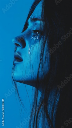 Sad desperate grieving crying woman with tears eyes during trouble, depression and emotional problem