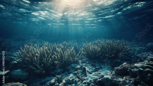 An underwater scene showcasing a coral reef damaged by bleaching, illustrating the impact of environmental degradation on marine ecosystems and the urgency of ocean conservation photo