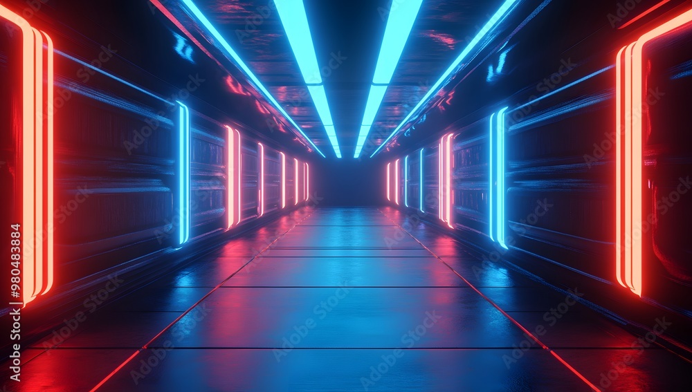 Fototapeta premium 3D render, an abstract futuristic background with neon tunnel