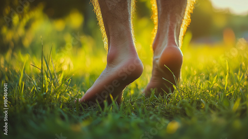 walking or run barefoot on a grass
