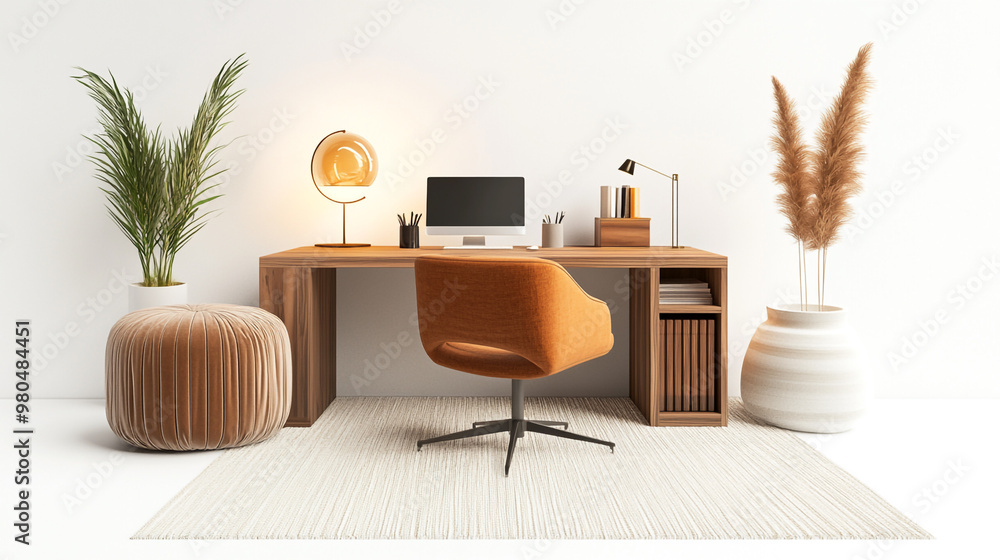 Fototapeta premium modern living room with furniture, Interior of modern living room with laptop and potted plant on table at home.