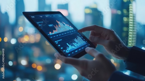 Business professionals analyzing financial charts on a digital tablet, with a background of city skyscrapers, showcasing modern banking and finance Close-up photo with clean background photo