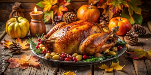 Golden roasted turkey takes center stage on a rustic wooden table, surrounded by autumnal elements, evoking warm and cozy Thanksgiving dinner atmosphere.