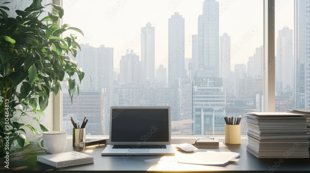 Busy editor's workspace with a sleek desk, open laptop, stacks of paper, coffee cup, large window with cityscape view, potted plant on the side, minimalist decor, and soft natural light Busy editor's workspace with a sleek desk, open laptop, stacks of paper, coffee cup, large window with cityscape view, potted plant on the side, minimalist decor, and soft natural light