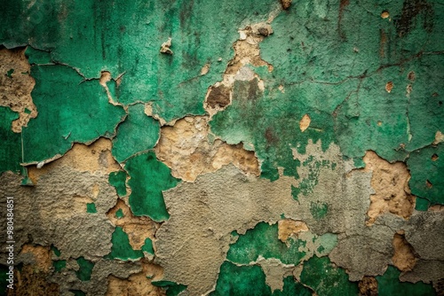 Aged, weathered, and cracked dark green concrete texture with rough cement and dirty paper remnants, perfect as a grungy, industrial wallpaper background. photo