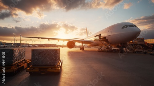 Cargo plane being loaded with large containers at an international airport, representing the air freight industry and global logistics solutions photo