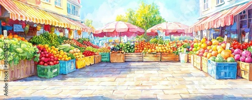 Long shot of a vibrant farmers market, stalls brimming with colorful fresh vegetables and fruits, early morning sun casting soft shadows, digital painting with a watercolor effect photo