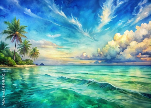 Vibrant retro blue sky gradates to green hues, evoking tropical paradise, with abstract watercolor strokes mirroring gentle ocean waves in serene, dreamy atmosphere.