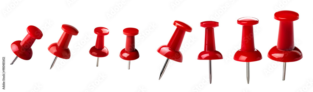 A row of red push pins of varying sizes isolated on a white background. Useful for office, school, and organizational purposes. A row of red push pins of varying sizes isolated on a white background. Useful for office, school, and organizational purposes.