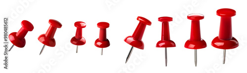 A row of red push pins of varying sizes isolated on a white background. Useful for office, school, and organizational purposes.