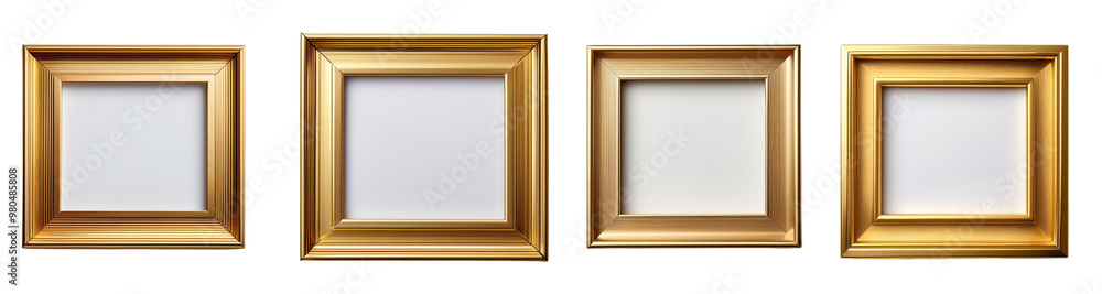 Set of four golden picture frames with empty space, isolated on white background. Ideal for artwork, photography, or decoration. Set of four golden picture frames with empty space, isolated on white background. Ideal for artwork, photography, or decoration.