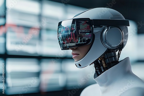 A futuristic trading bot wearing augmented reality glasses and viewing financial data, virtual trading, augmented AI trading tools photo