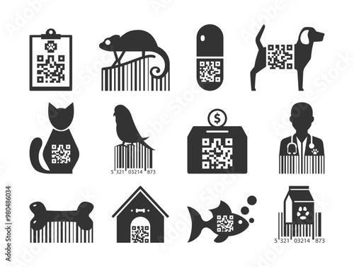 QR code icons for pet stores representing different animals and products for easy access to information and services