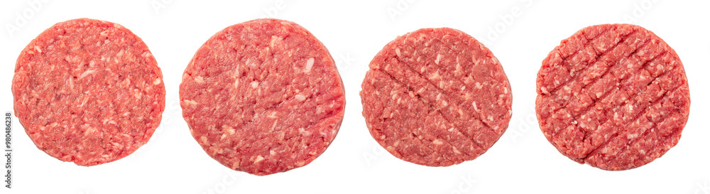 Four raw beef patties arranged in a line, ready for grilling or frying. Perfect for burgers and BBQ. Four raw beef patties arranged in a line, ready for grilling or frying. Perfect for burgers and BBQ.
