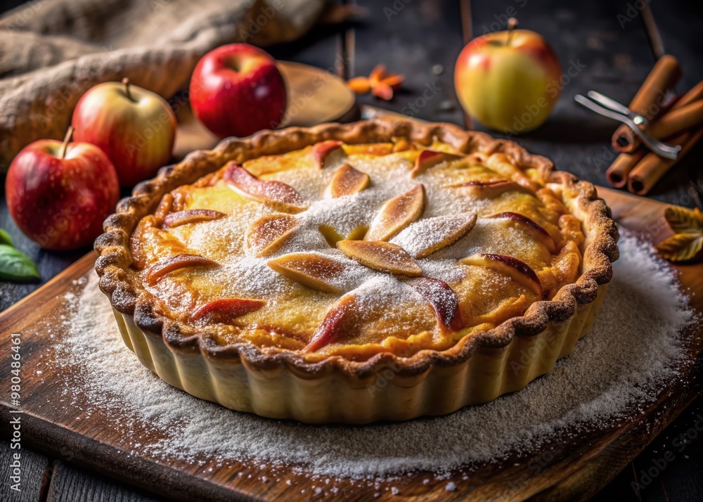 Warmly lit homemade golden apple pie with sugar sprinkled on top, placed on a dark fabric, exuding comfort and warmth, perfect for autumnal gatherings. Warmly lit homemade golden apple pie with sugar sprinkled on top, placed on a dark fabric, exuding comfort and warmth, perfect for autumnal gatherings.