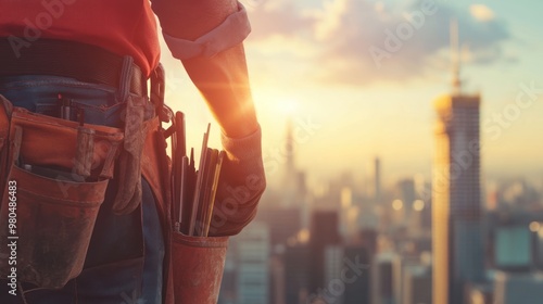 Close-up of construction workers hands holding tools and materials with a blurred city skyline in the background photo