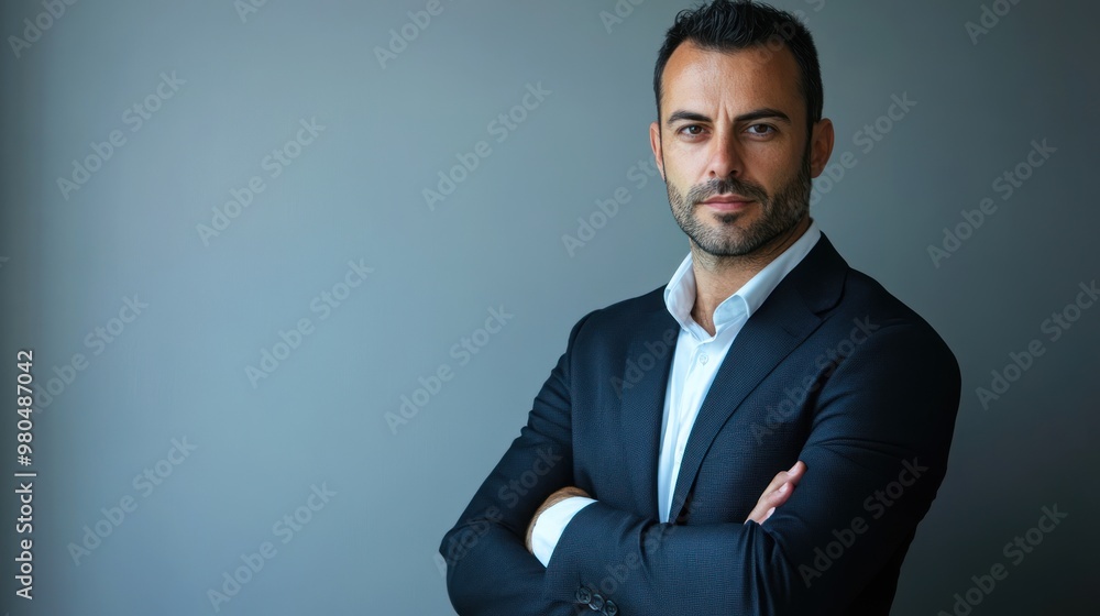 Confident businessman standing with arms crossed while looking at the camera Close-up photo with clean background Confident businessman standing with arms crossed while looking at the camera Close-up photo with clean background