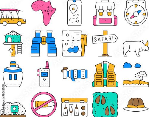 Safari African Hunting Vacation Icons Set Vector. Rhinoceros Animal Hunt In Safari And Hunter Equipment, Compass And Binoculars Tool, Walkie-talkie And Flask Drink Contour Illustrations