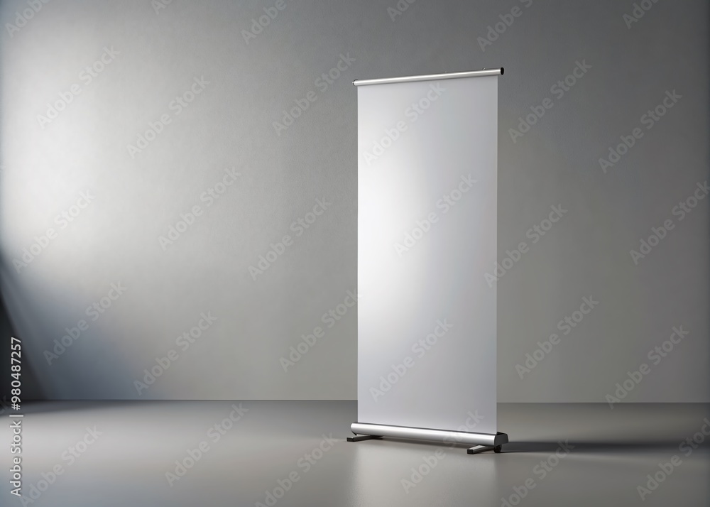 Isolated white roll-up banner stand with a blank retractable fabric display in a minimalist studio setting with a soft gray background and subtle shadows.