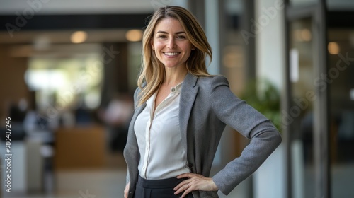 Confident female business leader in a corporate setting, standing with one hand on the hip, smiling while looking at the camera, with a blurred office interior in the background