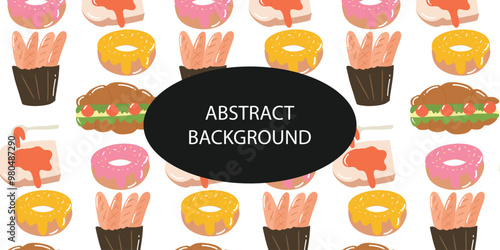 bakery and junk food pattern background design.  Cute sweet food baby background. Colorful design for textile, wallpaper, fabric, decor. Template for design. Vector illustration