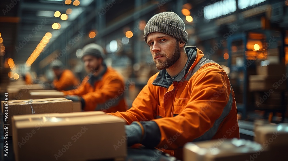 Warehouse Worker Packing Boxes on Conveyor Belt Warehouse Worker Packing Boxes on Conveyor Belt