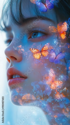 surreal double exposure portrait womans face blending with butterfly wings dreamy color palette pop art inspired collage digital manipulation ethereal and mystical atmosphere photo