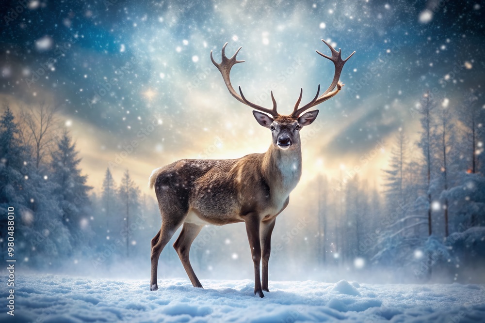 Majestic reindeer stands serenely in a serene winter wonderland, softly falling snowflakes blur into a gentle snowy backdrop, highlighting its gentle silhouette. Majestic reindeer stands serenely in a serene winter wonderland, softly falling snowflakes blur into a gentle snowy backdrop, highlighting its gentle silhouette.