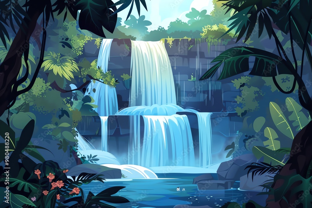 Majestic waterfalls, cascading water, serene rainforest, flat design illustration Majestic waterfalls, cascading water, serene rainforest, flat design illustration