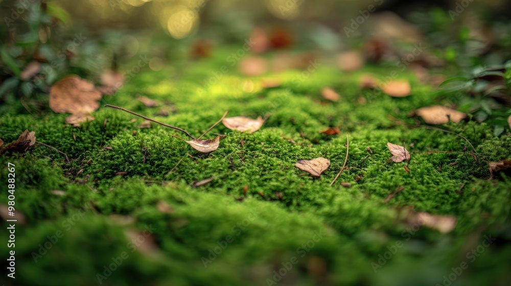Delicate green moss spreading across the forest floor, with small leaves and twigs scattered around, showcasing the beauty of nature Close-up photo with clean background Delicate green moss spreading across the forest floor, with small leaves and twigs scattered around, showcasing the beauty of nature Close-up photo with clean background