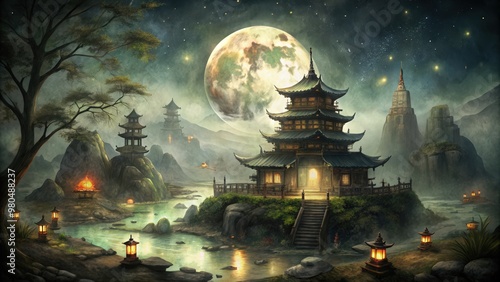 Tranquil Asian Temple Under a Full Moon