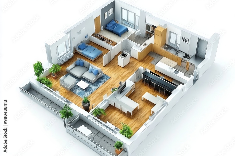 3D top down view of a spacious family apartment with multiple rooms and wooden floors symbolizing comfortable living functional design and modern residential planning 3D top down view of a spacious family apartment with multiple rooms and wooden floors symbolizing comfortable living functional design and modern residential planning