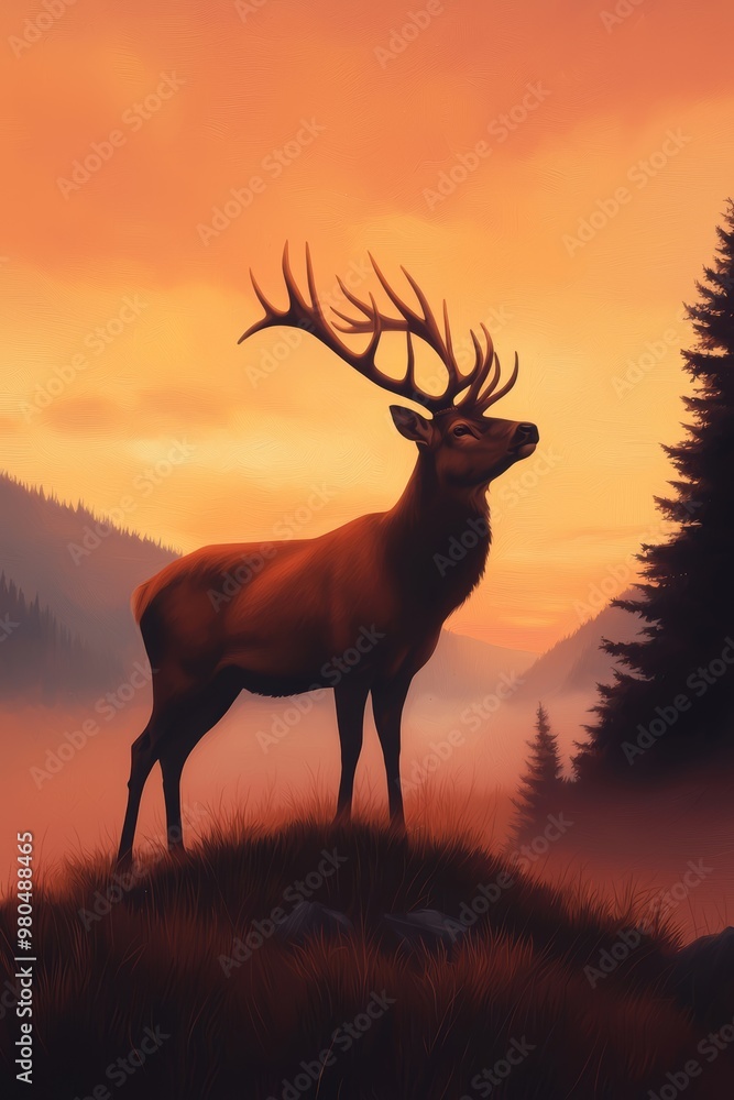 Deer with antlers standing on a grassy mountain slope, bathed in the warm glow of a vibrant sunset, fog rolling through the distant trees, dramatic and serene Deer with antlers standing on a grassy mountain slope, bathed in the warm glow of a vibrant sunset, fog rolling through the distant trees, dramatic and serene