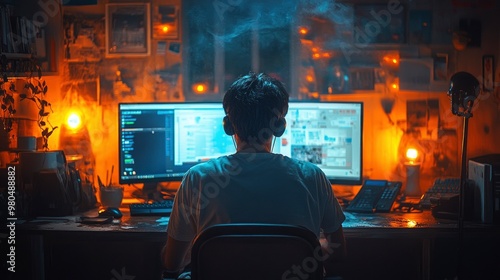 Gamer at his desk in a dimly lit room with headphones on